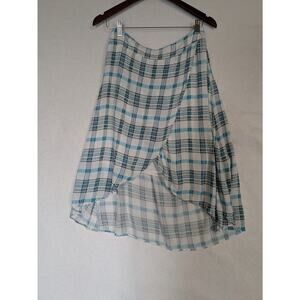 A.N.A Aqua Plaid‎ Skirt Asymmetrical White Stripe Lined Faux Wrap Size 10
